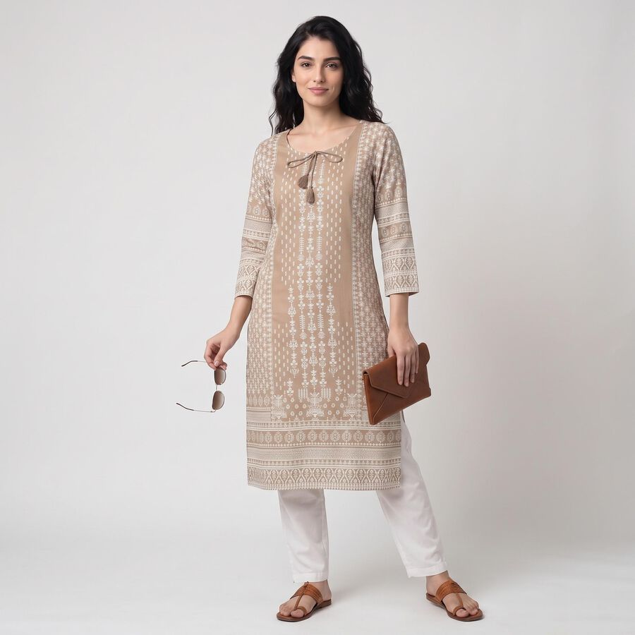Women's Beige Round Neck Printed Kurta, Beige, large