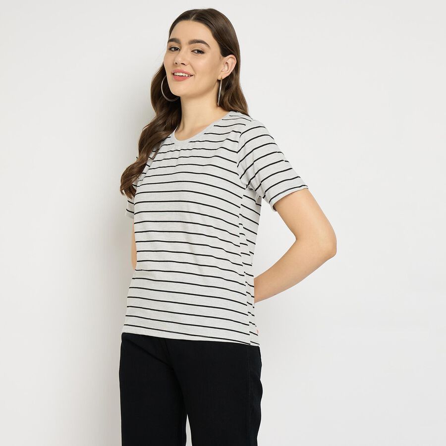Ladies'  Stripes Round Neck T-Shirt, Melange Light Grey, large image number null