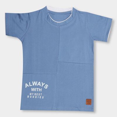 Boys Muted Steel Blue Cotton Round Neck Half Sleeve T-Shirt