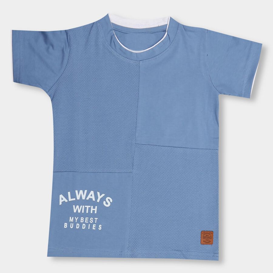 Boys Muted Steel Blue Cotton Round Neck Half Sleeve T-Shirt, मध्यम नीला, large image number null