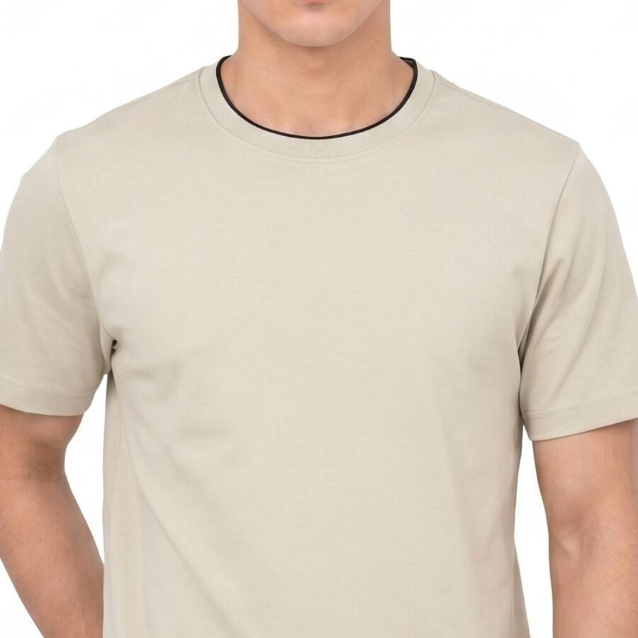 Men's Beige Cotton Round Neck Regular T-Shirt, Beige, large