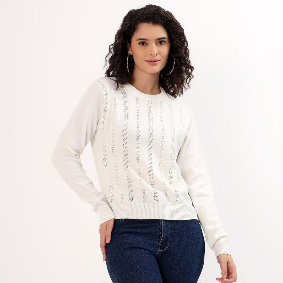 Women's Off White Cotton Crew Neck Casual Top, ऑफ व्हाइट, large