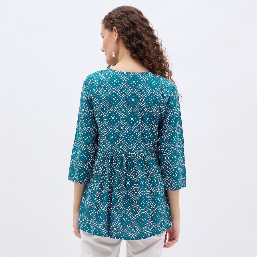 Ladies' Bright Peacock Blue Round Neck Printed Kurti, Teal Blue, large image number null