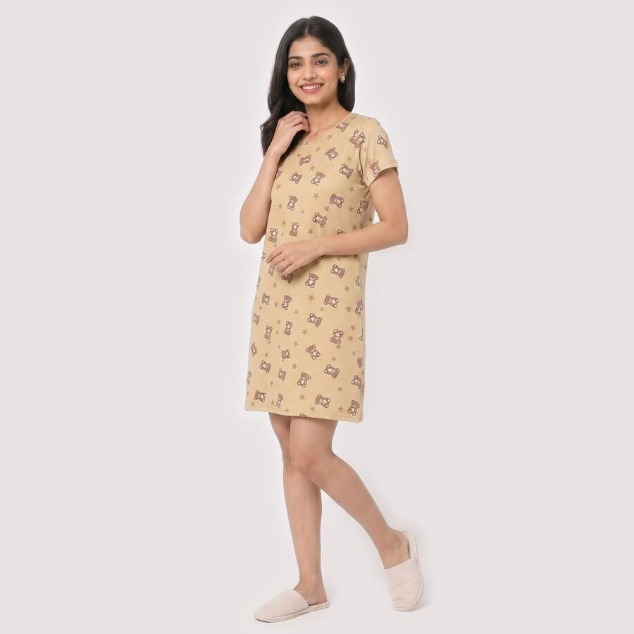 Women Beige Round Neck T-Shirt Style Nighty, Beige, large