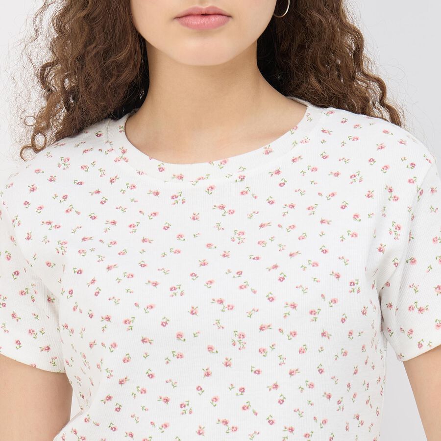 Women's Ivory Cotton Round Neck Minimalist T-Shirt, ऑफ व्हाइट, large