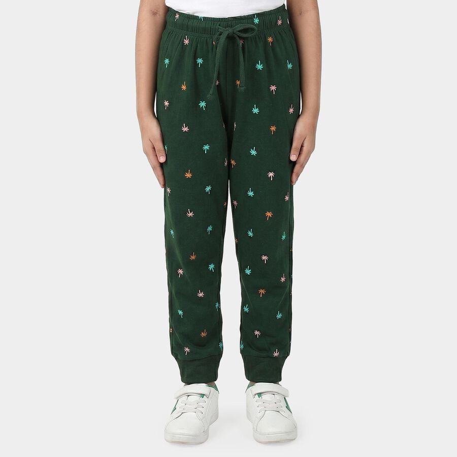 Girls' Green Jogger Fit Palm Print Pyjama, गहरा हरा, large