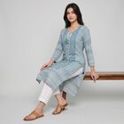 Women's Blue Round Neck Tie-Up Printed Kurta, मध्यम नीला, small