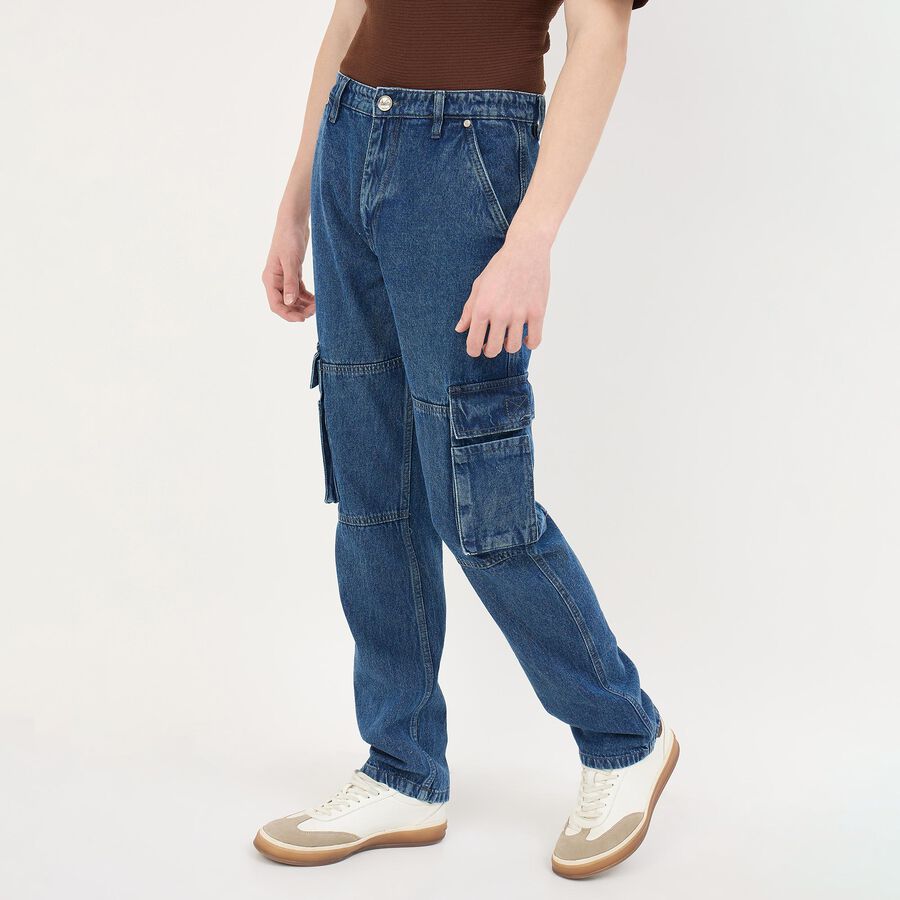 Men's Denim Blue Straight Fit Jeans, मध्यम नीला, large