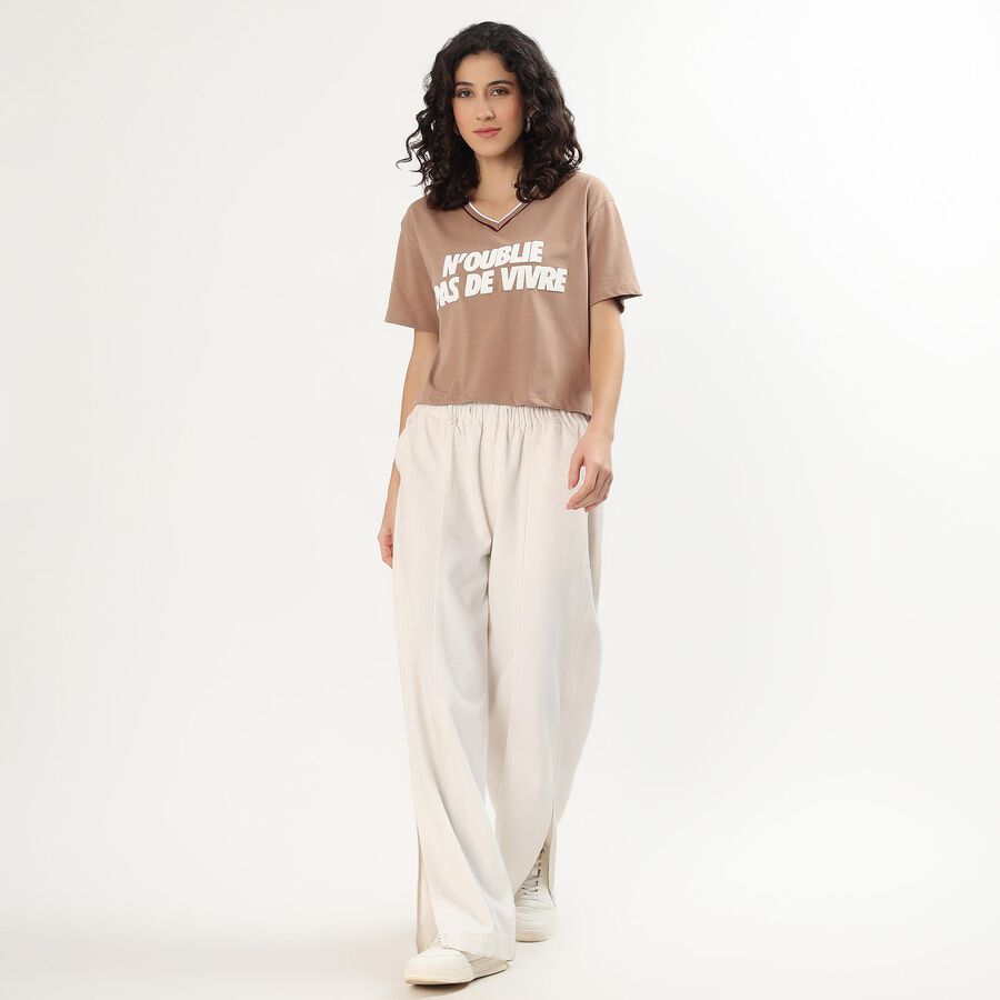 Women's Soft Beige Cotton Round Neck Casual T-Shirt, Beige, large