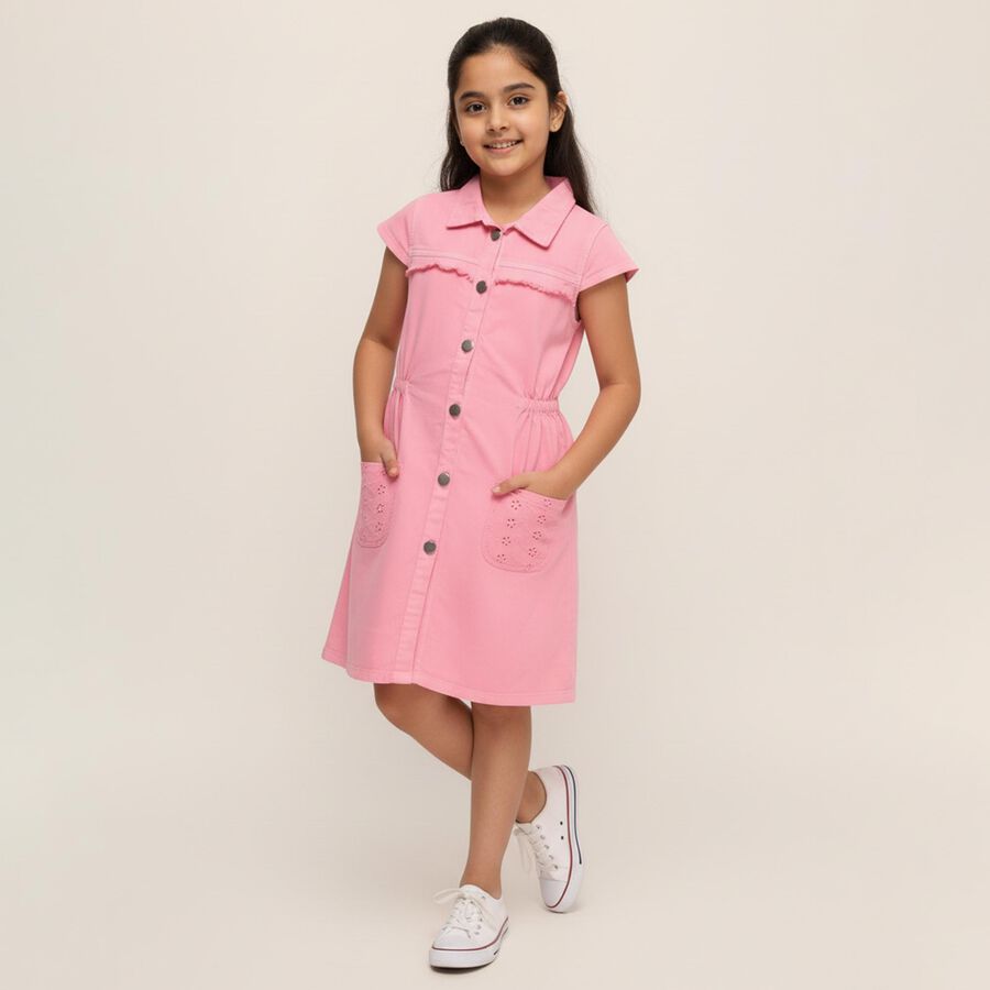 Girls' Soft Pink Button-Down Casual Frock, हल्का गुलाबी, large image number null