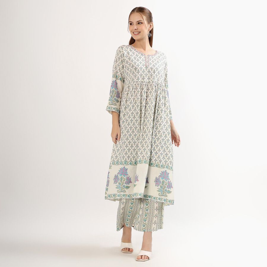 Women's Ivory Round Neck Floral Printed Kurta, Lilac, large