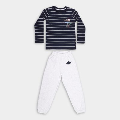 Boys' Navy Cotton Round Neck Striped Baba Suit