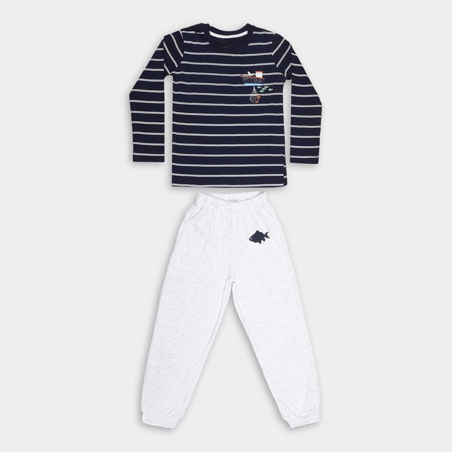 Boys' Navy Cotton Round Neck Striped Baba Suit, Navy Blue, large image number null