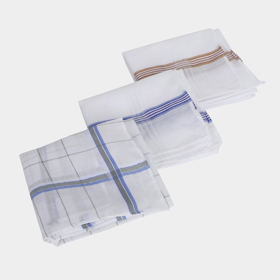 Men's White Checked Pack of 3 Handkerchief, Dark Grey, large