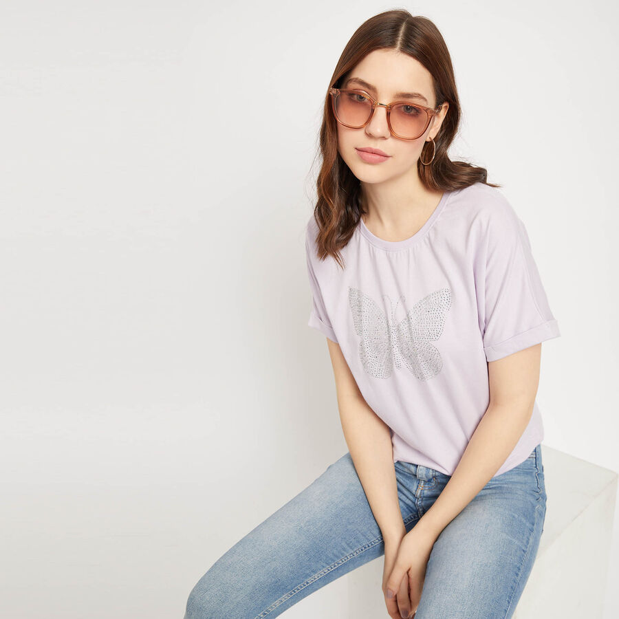 Cotton Round Neck T-Shirt, लाइलेक, large image number null