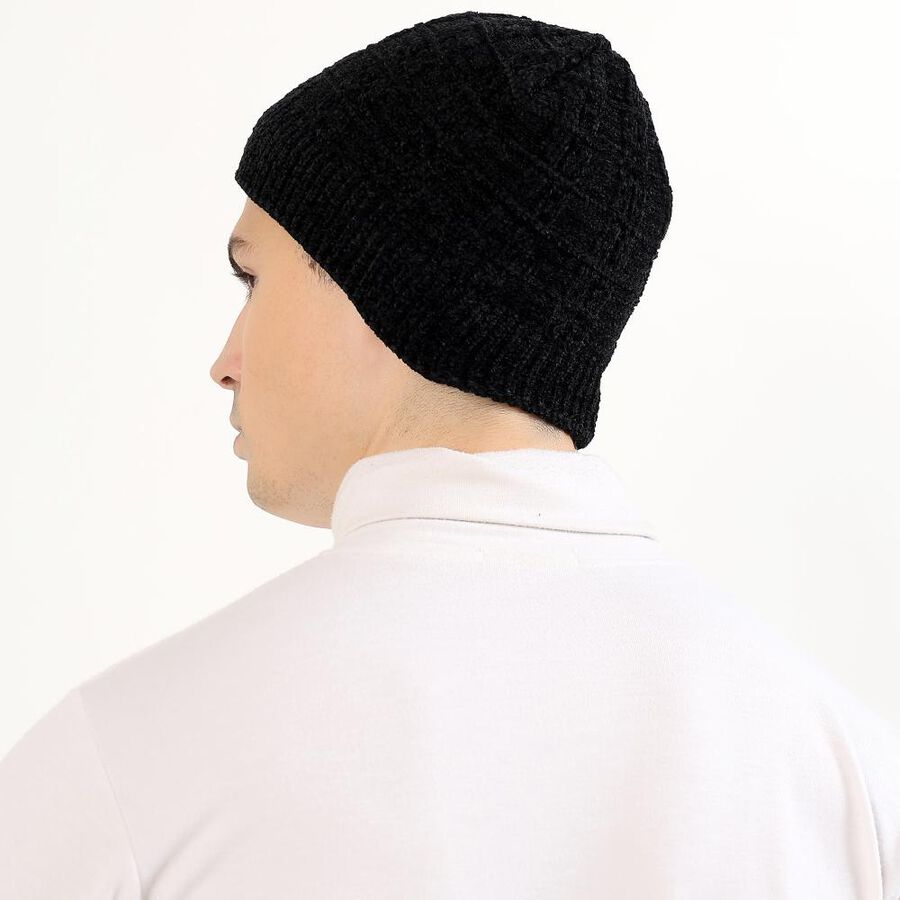Men's Jet Black Textured Beanie Cap, Black, large image number null