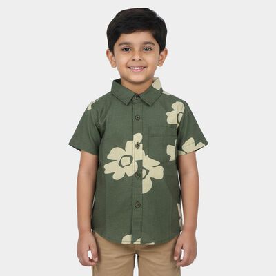Boys Olive Green Cotton Floral Regular Fit Casual Shirt