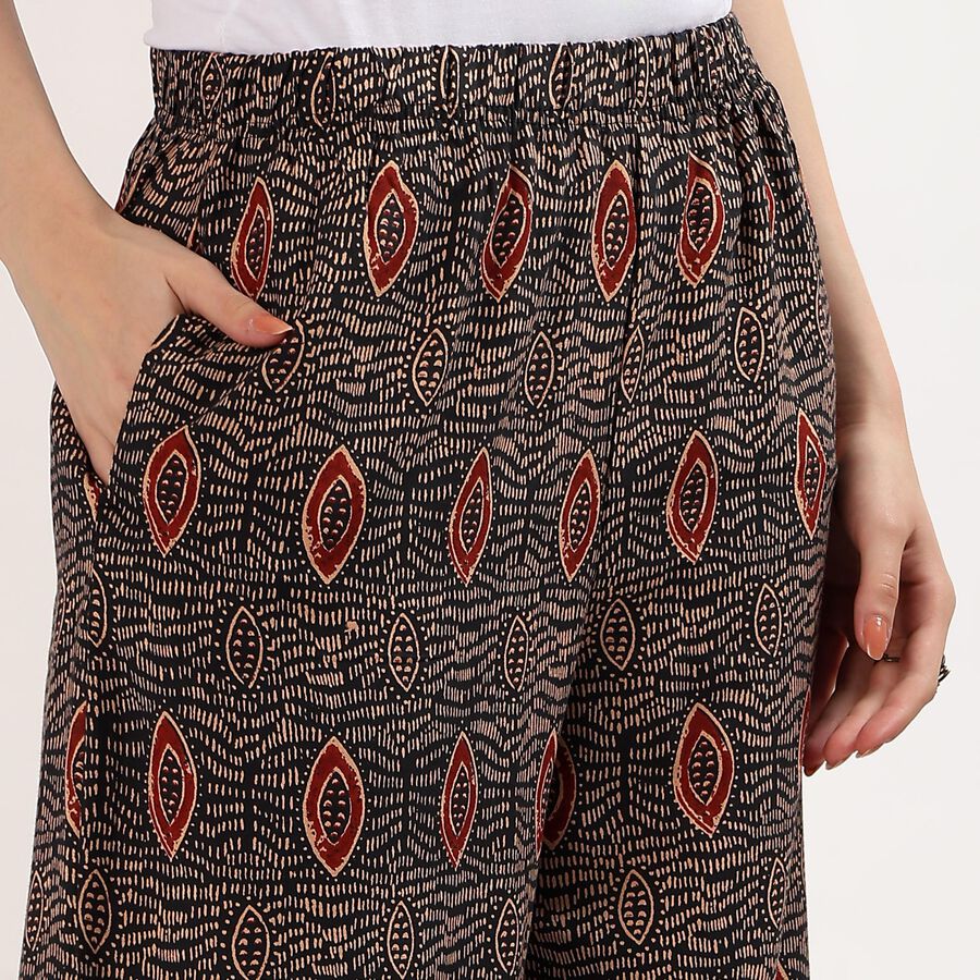 Women's Black Wide-Leg Smocked Printed Palazzos, काला, large