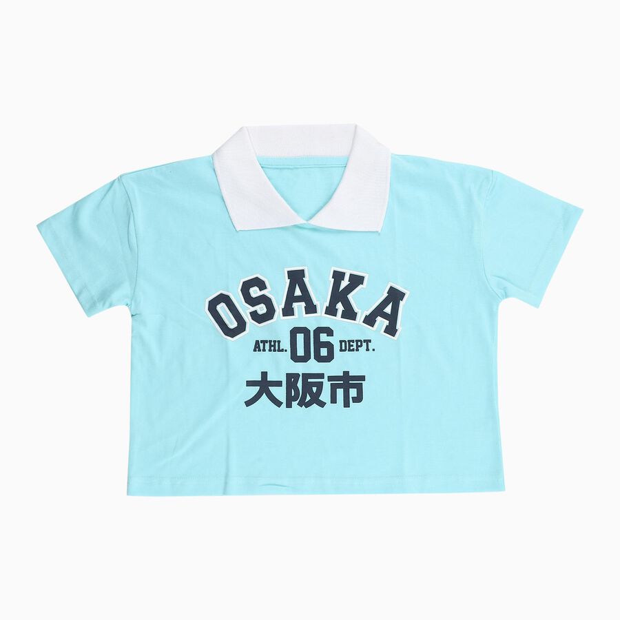 Girls Aqua Blue Cotton Polo Neck Graphic T-Shirt, Aqua, large image number null