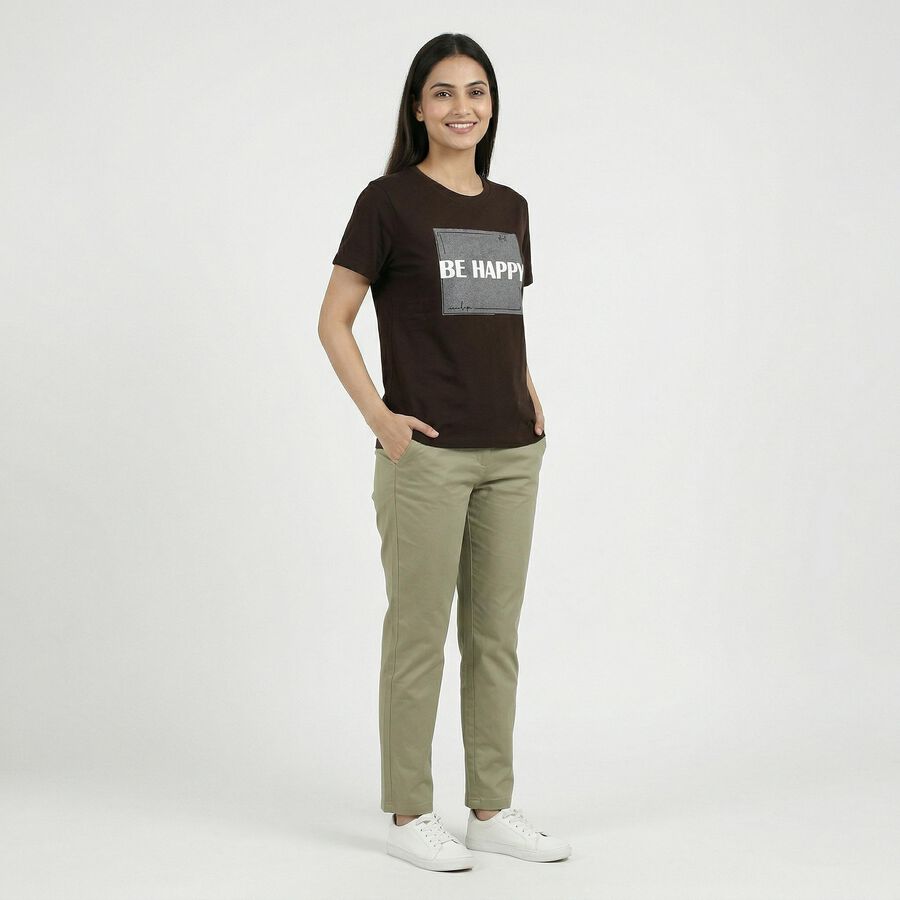 Women's Brown Round Neck Casual T-Shirt, Brown, large
