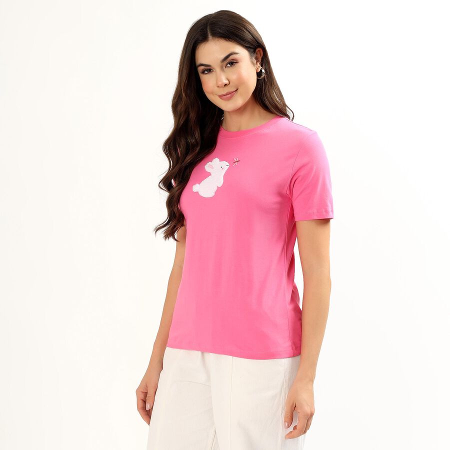 Women's Bright Fuchsia Pink Cotton Round Neck Casual T-Shirt, रानी (फ्यूशिया), large