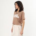 Women's Soft Beige Cotton Round Neck Casual T-Shirt, Beige, small