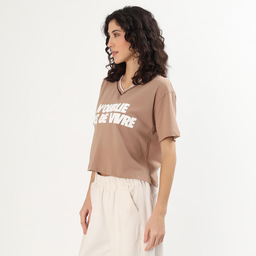 Women's Soft Beige Cotton Round Neck Casual T-Shirt, Beige, large