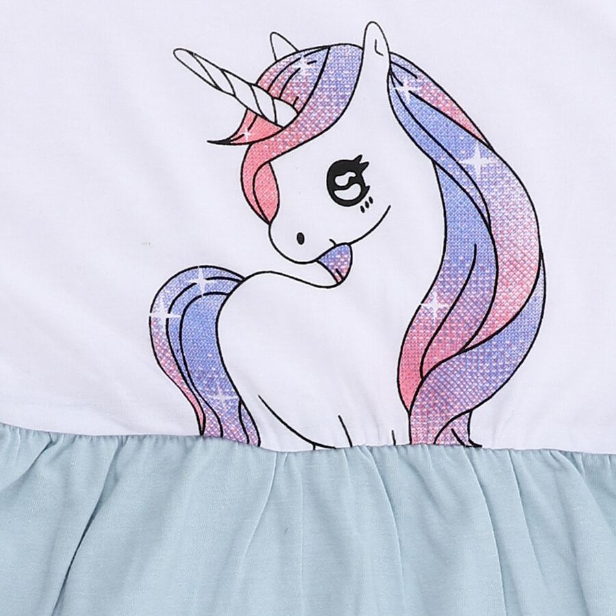 Girls' Pastel Blue and White Unicorn Printed Casual Frock, Light Blue, large image number null
