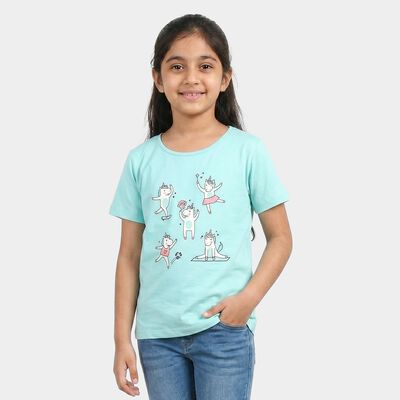 Girls' Aqua Cotton Blend Round Neck Regular T-Shirt