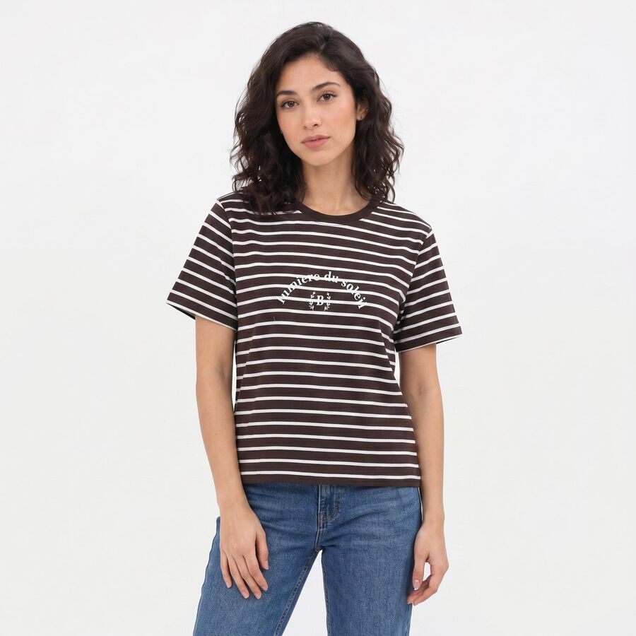 Women's Brown Round Neck Regular T-Shirt, भूरा, large