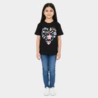 Girls Black Cotton Round Neck Regular T-Shirt, काला, small