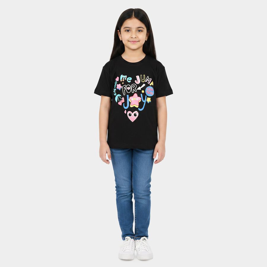 Girls Black Cotton Round Neck Regular T-Shirt, काला, large