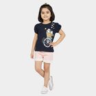 Girls Navy Blue Cotton Round Neck Casual Printed T-Shirt, Navy Blue, small