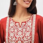 Women's Deep Maroon Keyhole Neck Embroidered Kurta, मरून, small image number null