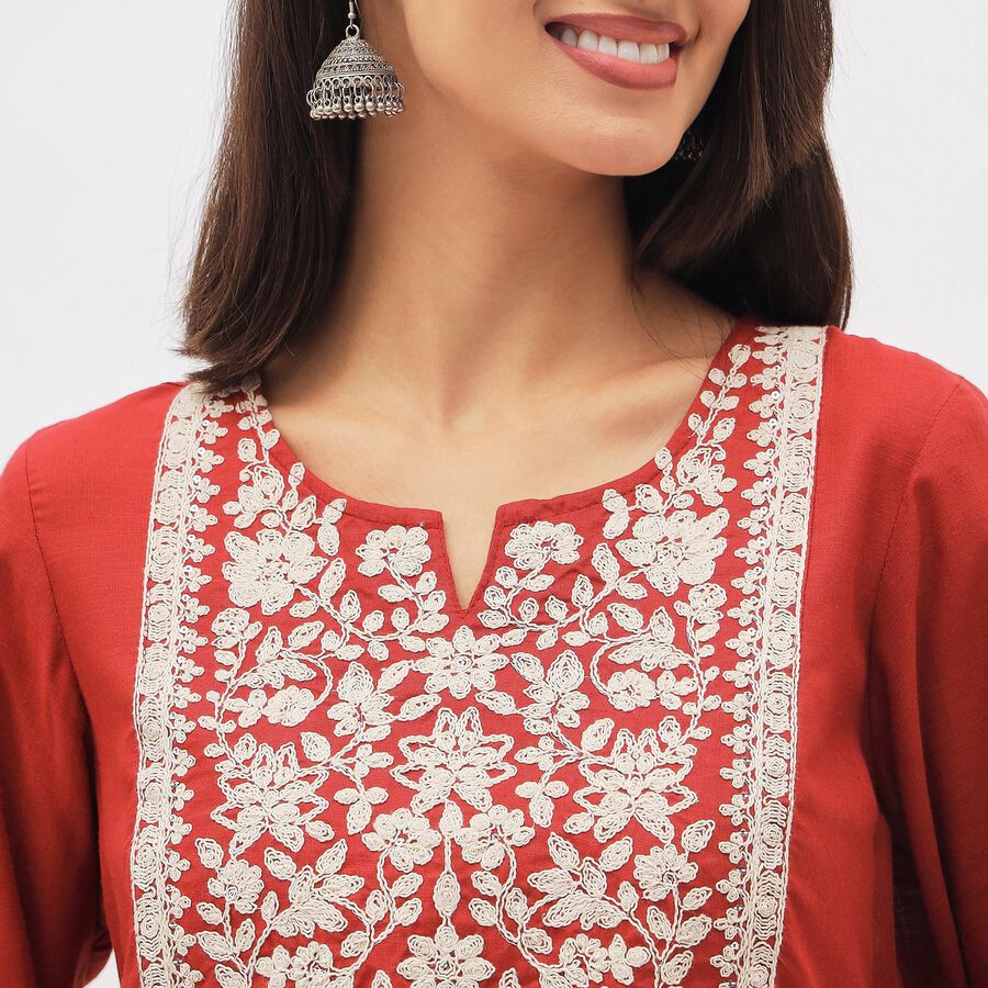 Women's Deep Maroon Keyhole Neck Embroidered Kurta, मरून, large image number null