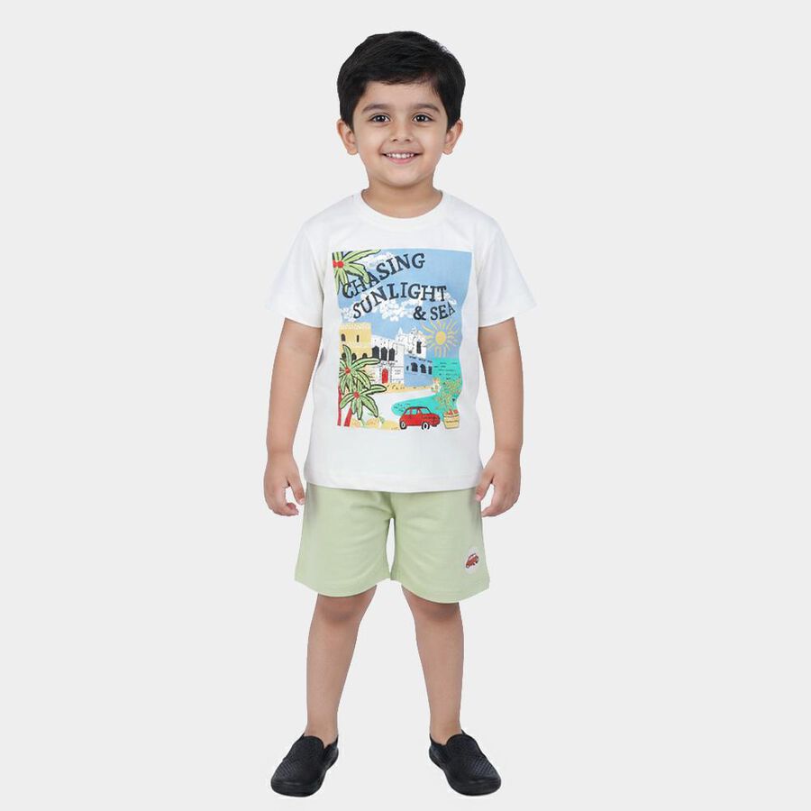 Boys White 100% Cotton Crew Neck Graphic Print Baba Suit, ऑफ व्हाइट, large