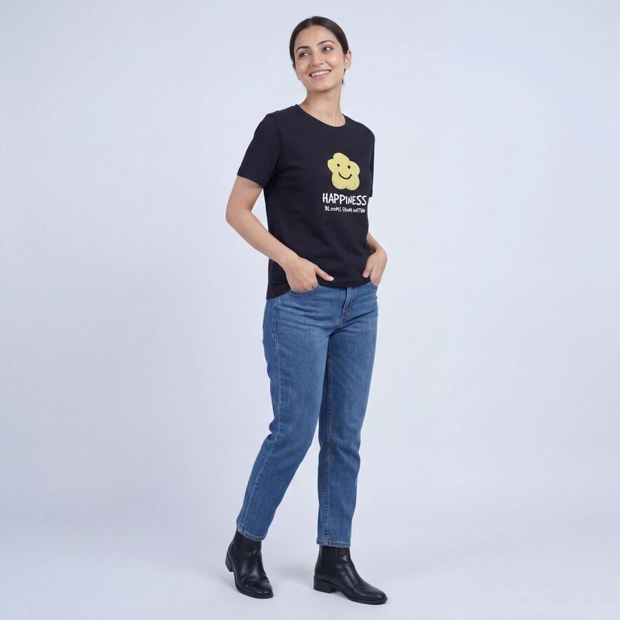 Women's Black Cotton Round Neck Casual T-Shirt, काला, large