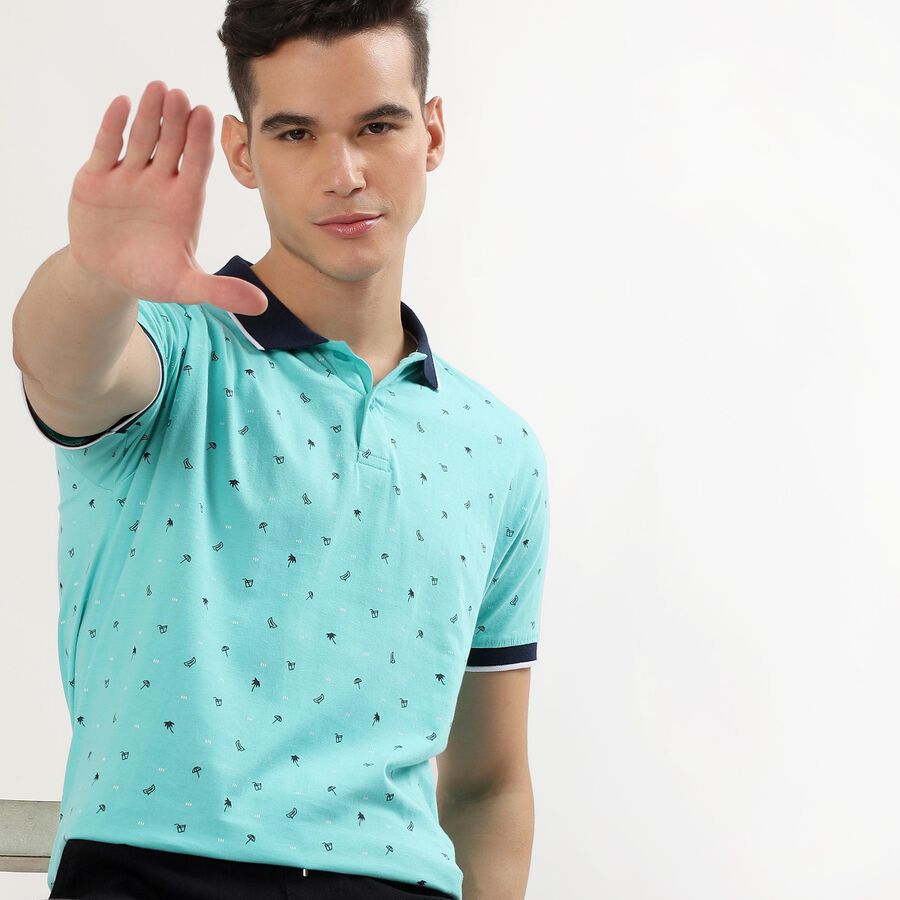 Men's Light Mint Green Cotton Polo Collar Casual T-Shirt, Light Green, large image number null