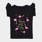 Girls' Black Cotton Round Neck Flamingo Printed Ruffle Sleeve T-Shirt, Black, small