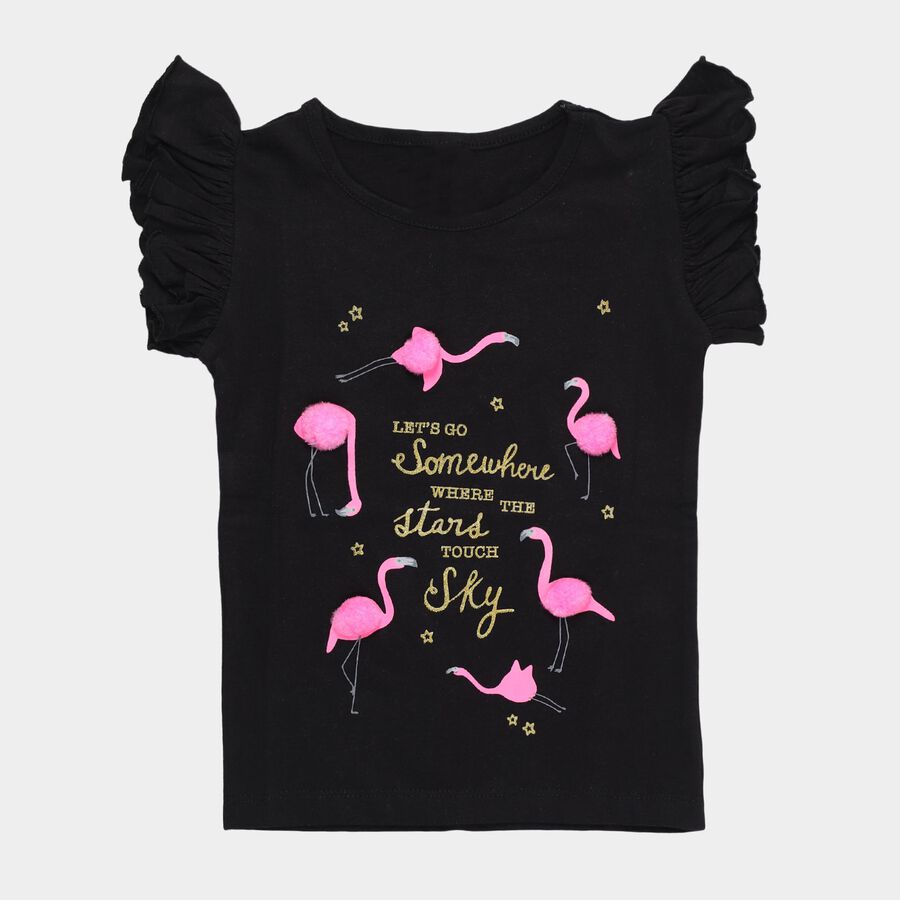 Girls' Black Cotton Round Neck Flamingo Printed Ruffle Sleeve T-Shirt, Black, large