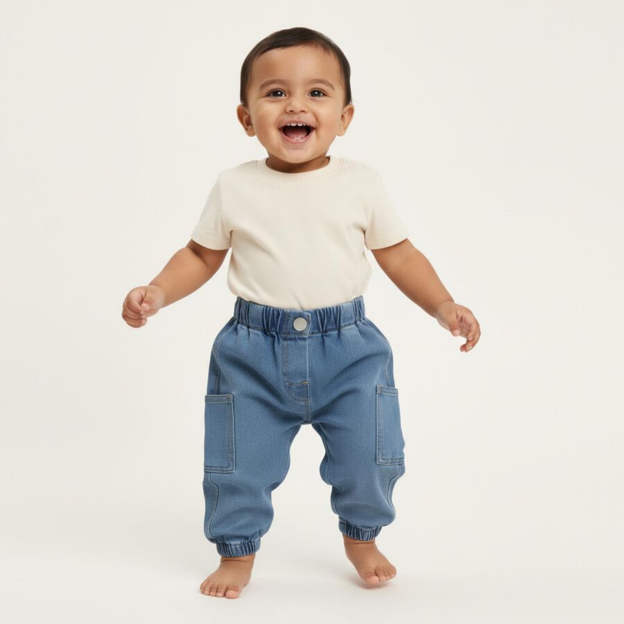 Infants Light Blue Relaxed Fit Cargo Jeans, Mid Blue, large