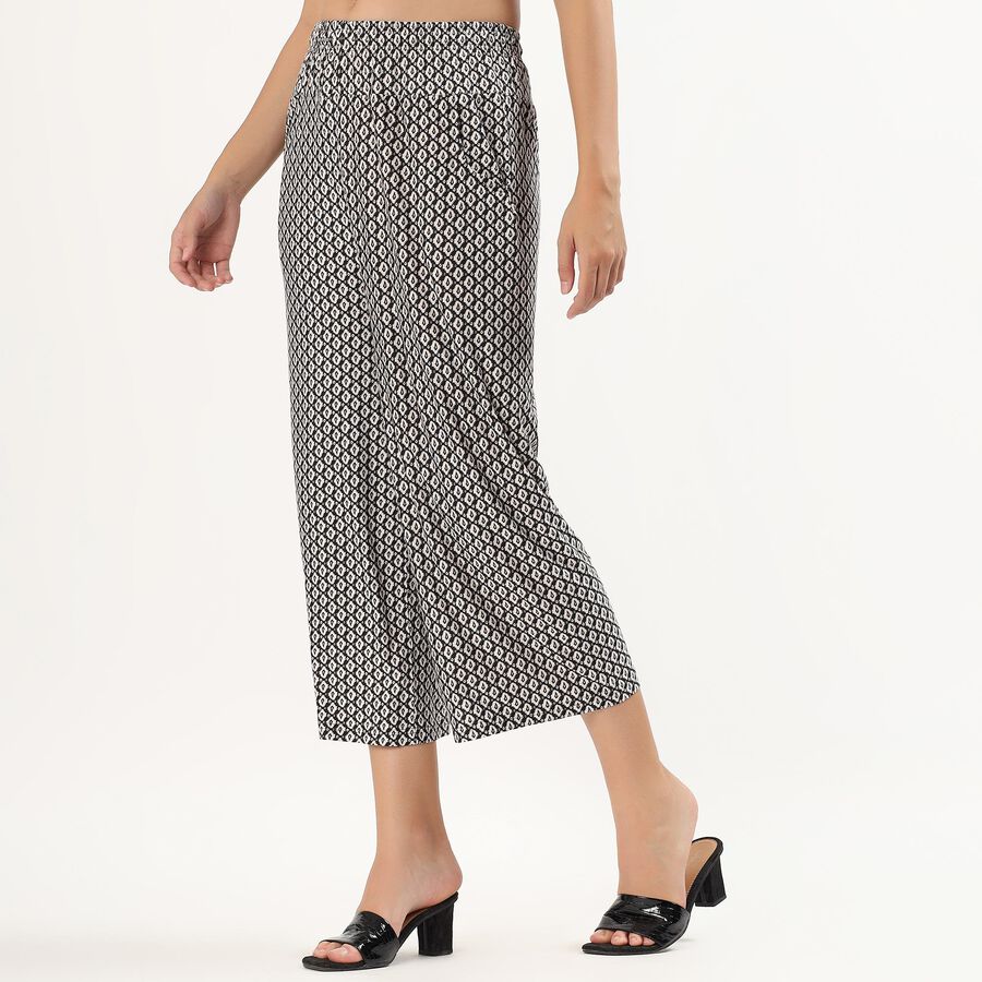 Women's Black And White High-Rise Printed Wide-Leg Trousers, काला, large image number null