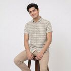 Men's Off White Cotton Short Sleeve Checked Regular Fit Shirt, Off White, small