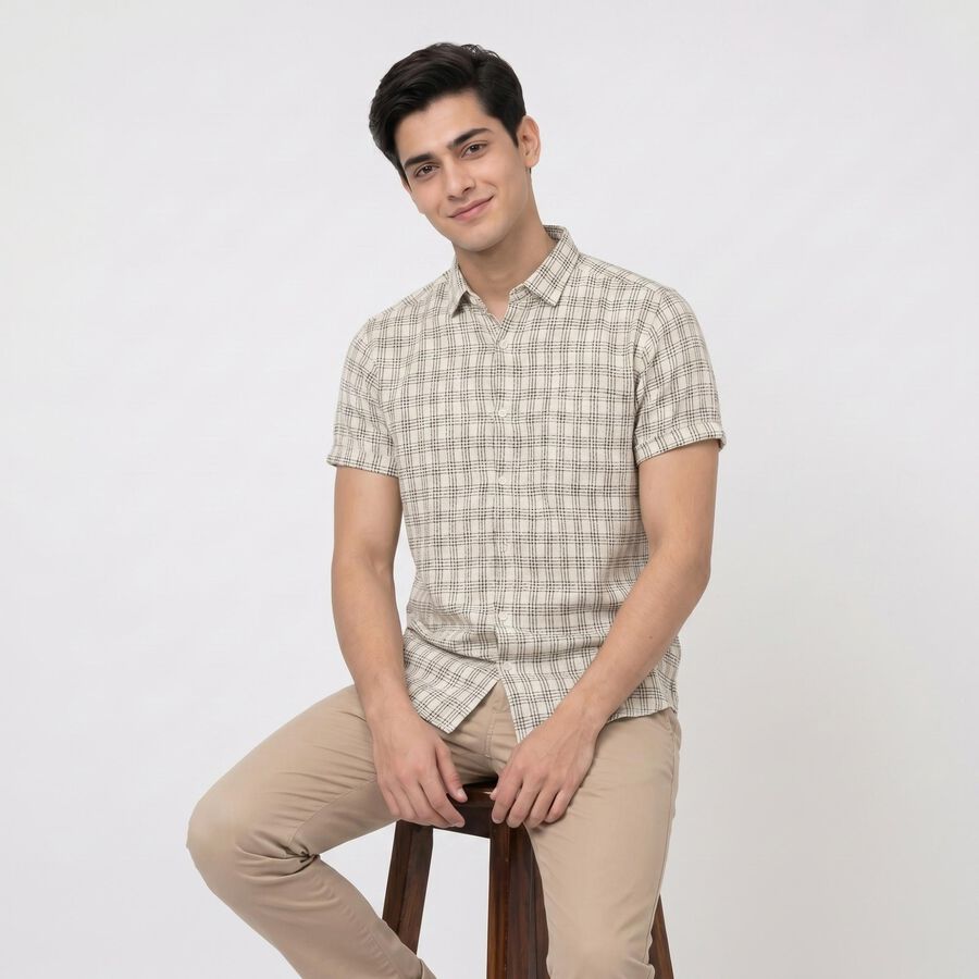 Men's Off White Cotton Short Sleeve Checked Regular Fit Shirt, Off White, large