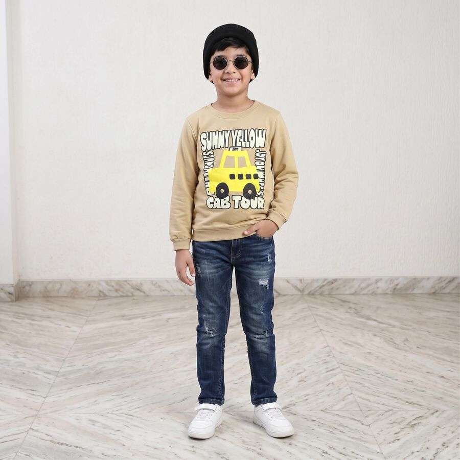 Boys' Beige Crew Neck Graphic Print Sweatshirt, गहरा पीला, large