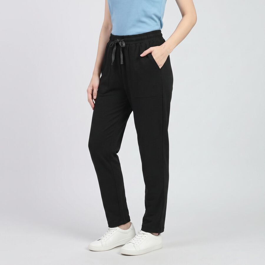 Women Black Straight Fit Drawstring Waist Track Pants, Black, large