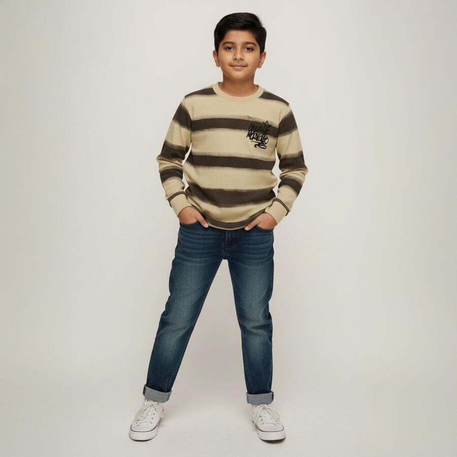 Boys Beige Crew Neck Casual Striped T-Shirt, गहरा पीला, large image number null
