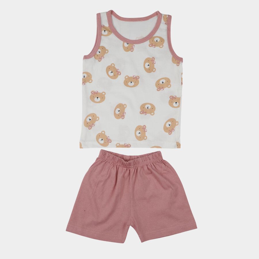 Infant Girl Pink Cotton Sleeveless Bear Print Shorts Set, Light Pink, large
