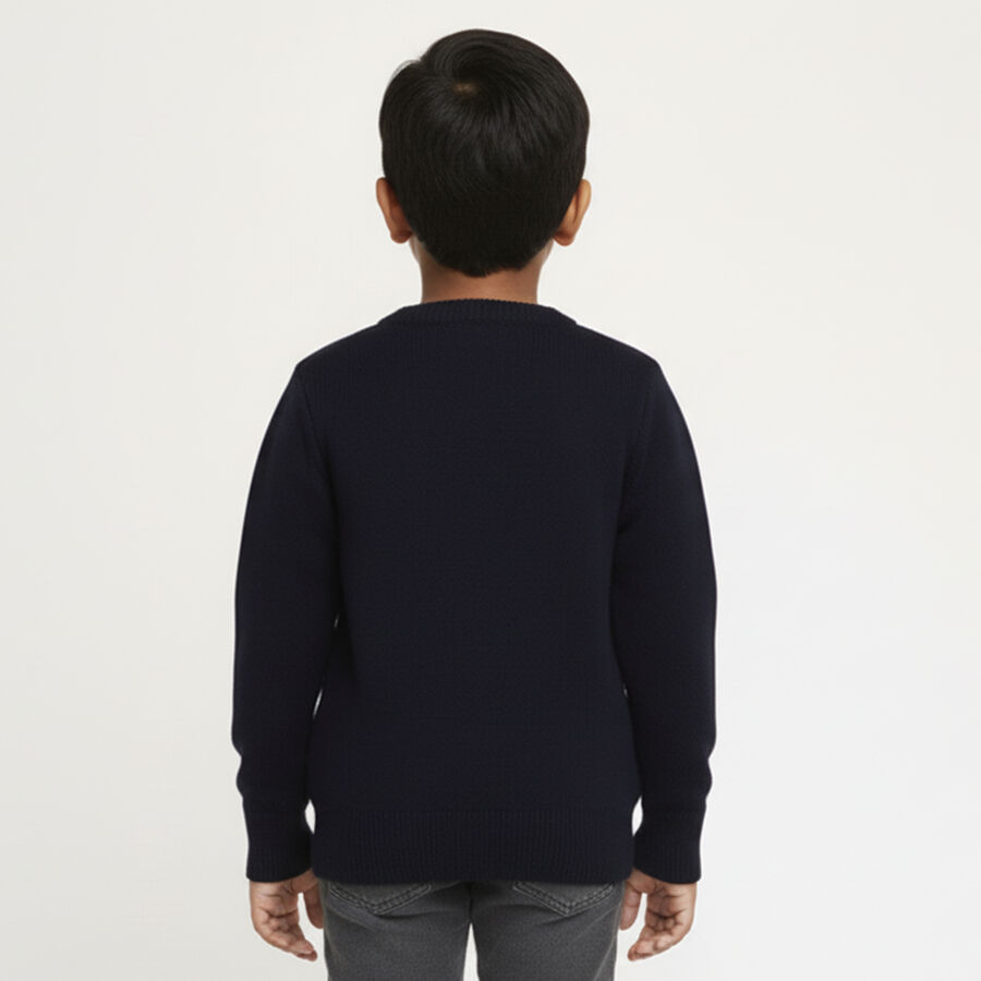 Boys Deep Midnight Navy Blue Crew Neck Graphic Pullover, नेवी ब्लू, large image number null