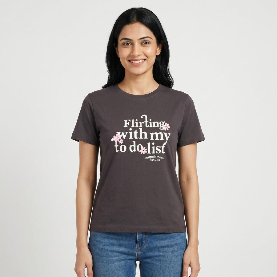 Women Dark Grey Round Neck Regular T-Shirt, Dark Grey, large